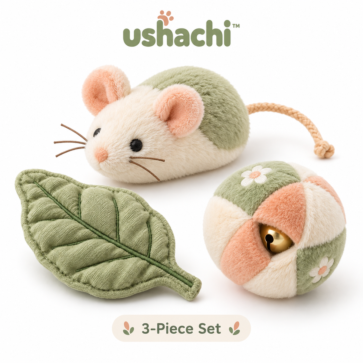 ushachi™ Little Garden Cat Toy Set – Plush Catnip Mouse, Crinkle Leaf & Soft Jingle Ball, 3-Piece Indoor Cat Play Set