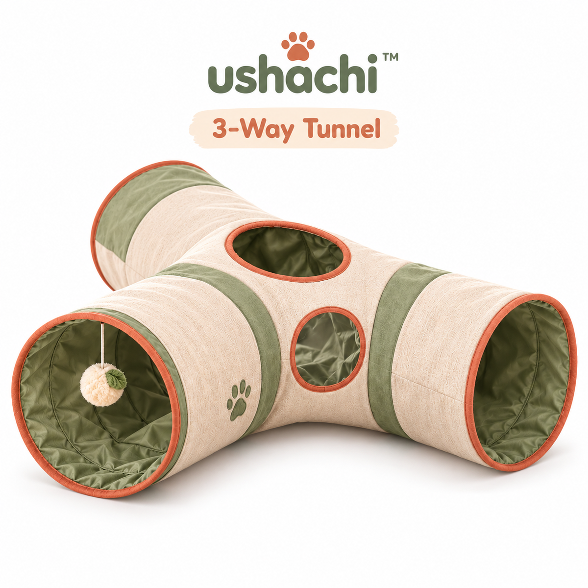 ushachi™ Cozy Canyon Cat Play Tunnel – Foldable Crinkle Tunnel with Peekaboo Windows & Hanging Plush Toy