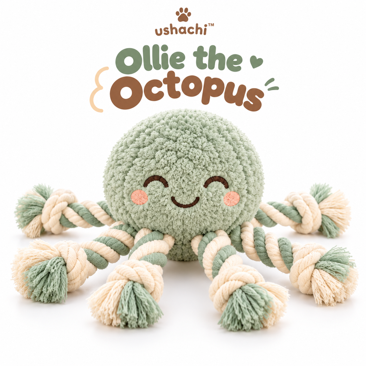 ushachi™ Ollie the Octopus Rope Tug Dog Toy – Squeaky Plush Octopus with Braided Cotton Tentacles