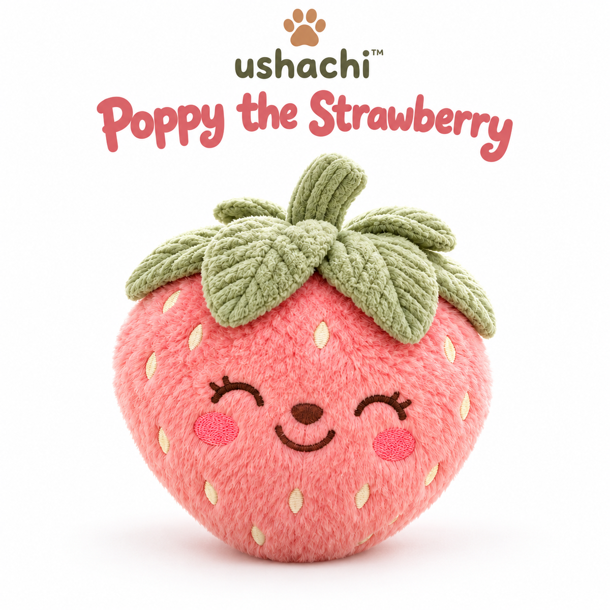 ushachi™ Poppy the Strawberry Squeaky Dog Toy – Cute Strawberry Plush with Textured Leaf Top & Crinkle Details