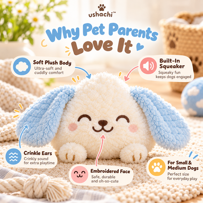 ushachi™ Milo the Cloud Pup Plush Squeaky Dog Toy – Soft Stuffed Puppy Toy with Crinkle Ears for Small & Medium Dogs