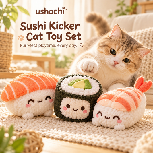 ushachi™ Mochi the Sushi Cat Kicker Toy Set – Soft Plush Catnip Kicker Toys with Crinkle Filling, 3-Pack