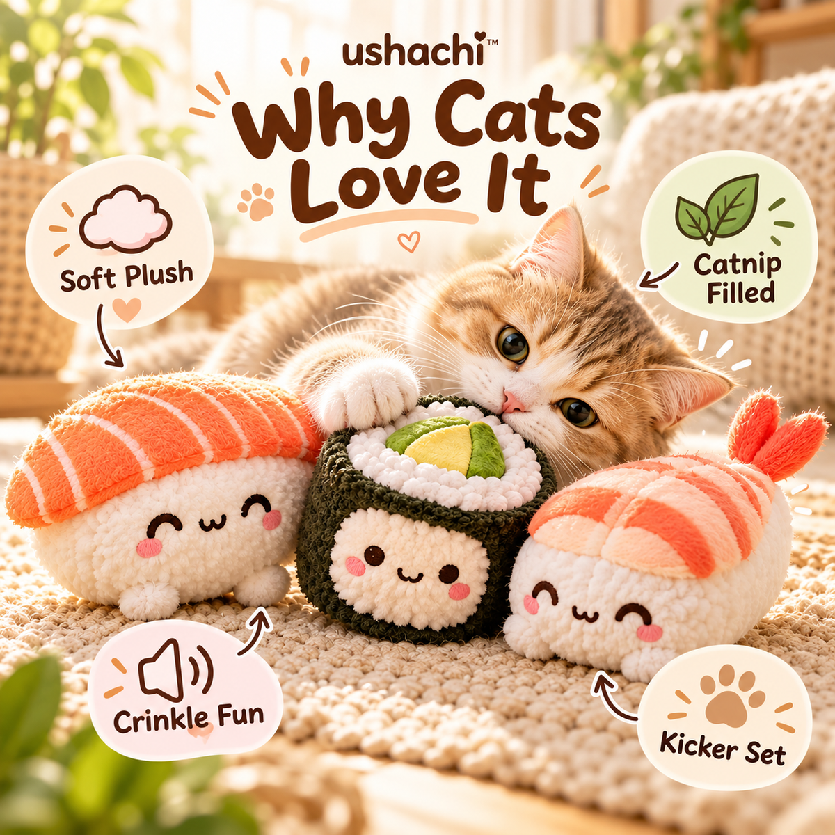 ushachi™ Mochi the Sushi Cat Kicker Toy Set – Soft Plush Catnip Kicker Toys with Crinkle Filling, 3-Pack
