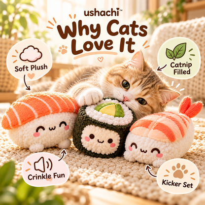 ushachi™ Mochi the Sushi Cat Kicker Toy Set – Soft Plush Catnip Kicker Toys with Crinkle Filling, 3-Pack