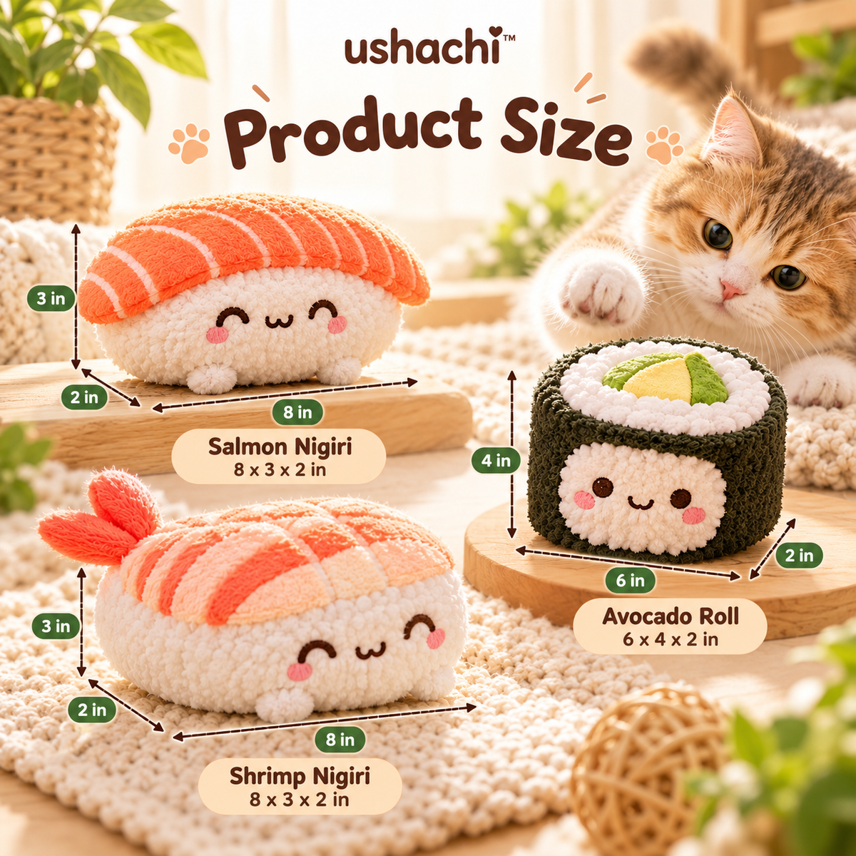 ushachi™ Mochi the Sushi Cat Kicker Toy Set – Soft Plush Catnip Kicker Toys with Crinkle Filling, 3-Pack