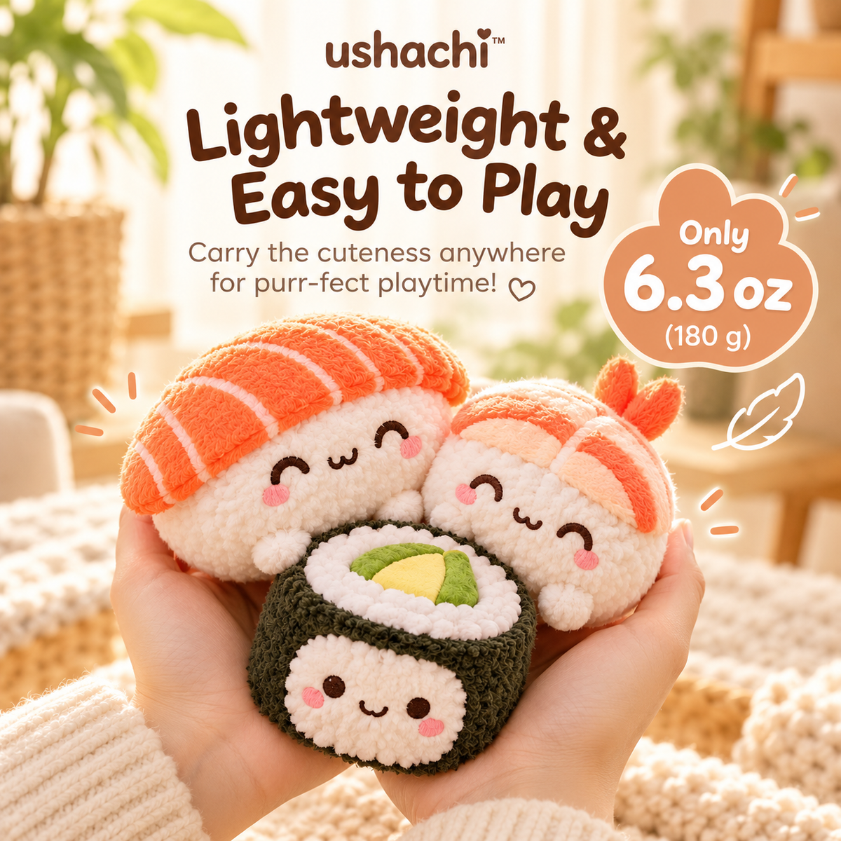ushachi™ Mochi the Sushi Cat Kicker Toy Set – Soft Plush Catnip Kicker Toys with Crinkle Filling, 3-Pack