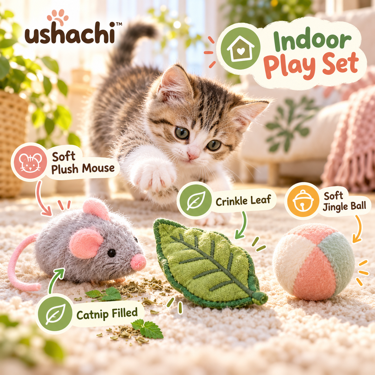 ushachi™ Little Garden Cat Toy Set – Plush Catnip Mouse, Crinkle Leaf & Soft Jingle Ball, 3-Piece Indoor Cat Play Set