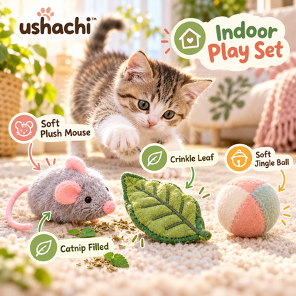ushachi™ Little Garden Cat Toy Set – Plush Catnip Mouse, Crinkle Leaf & Soft Jingle Ball, 3-Piece Indoor Cat Play Set