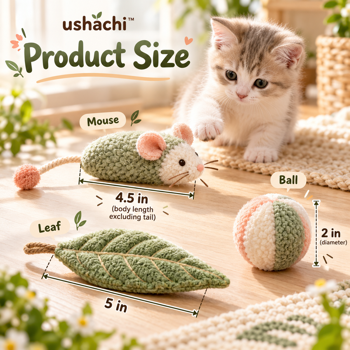 ushachi™ Little Garden Cat Toy Set – Plush Catnip Mouse, Crinkle Leaf & Soft Jingle Ball, 3-Piece Indoor Cat Play Set
