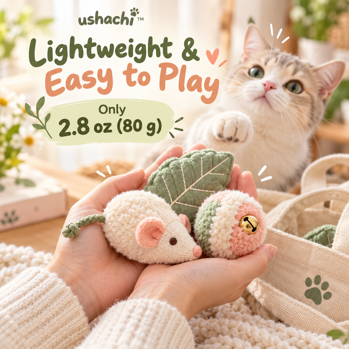 ushachi™ Little Garden Cat Toy Set – Plush Catnip Mouse, Crinkle Leaf & Soft Jingle Ball, 3-Piece Indoor Cat Play Set