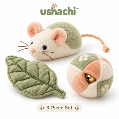 ushachi™ Little Garden Cat Toy Set – Plush Catnip Mouse, Crinkle Leaf & Soft Jingle Ball, 3-Piece Indoor Cat Play Set