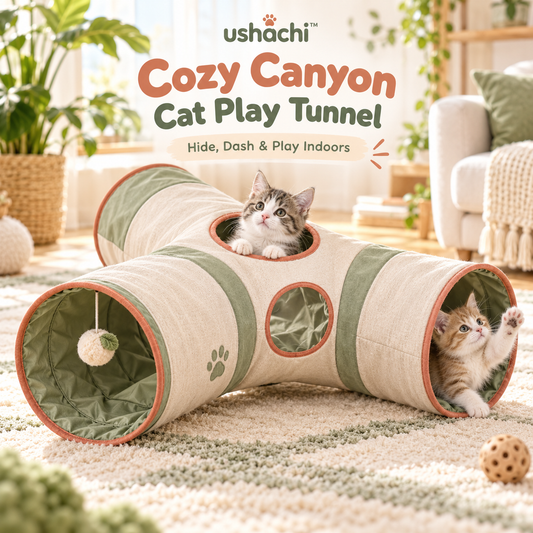 ushachi™ Cozy Canyon Cat Play Tunnel – Foldable Crinkle Tunnel with Peekaboo Windows & Hanging Plush Toy