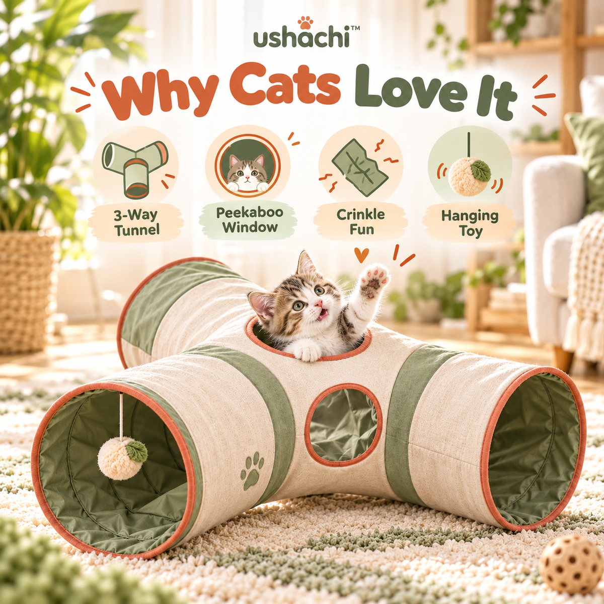 ushachi™ Cozy Canyon Cat Play Tunnel – Foldable Crinkle Tunnel with Peekaboo Windows & Hanging Plush Toy