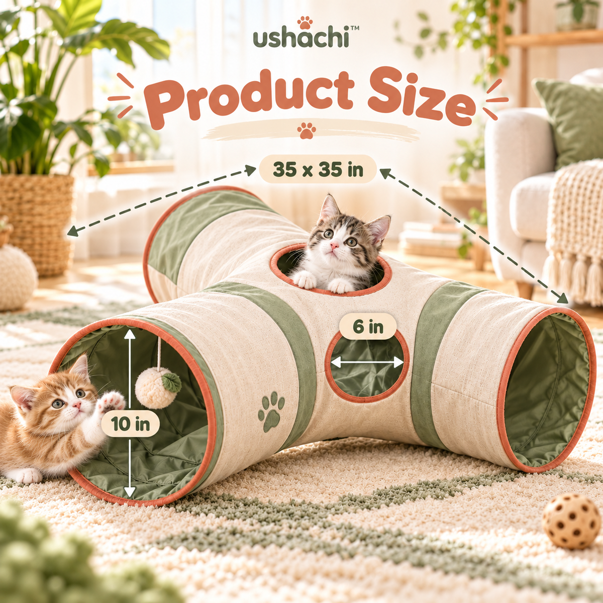 ushachi™ Cozy Canyon Cat Play Tunnel – Foldable Crinkle Tunnel with Peekaboo Windows & Hanging Plush Toy