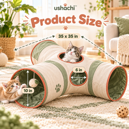 ushachi™ Cozy Canyon Cat Play Tunnel – Foldable Crinkle Tunnel with Peekaboo Windows & Hanging Plush Toy