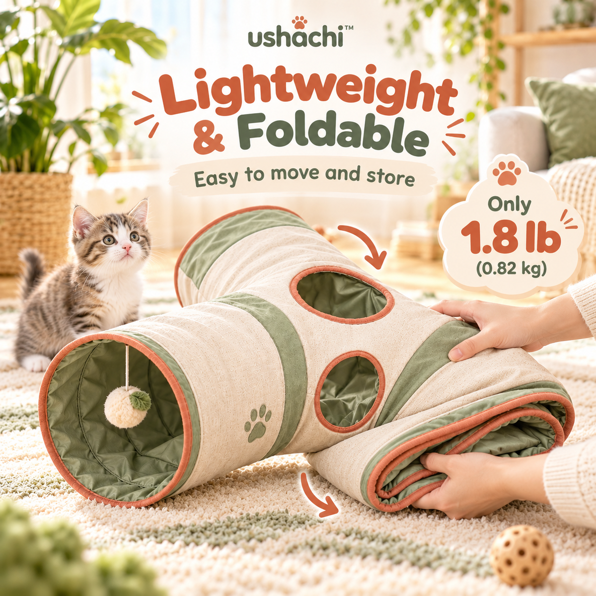 ushachi™ Cozy Canyon Cat Play Tunnel – Foldable Crinkle Tunnel with Peekaboo Windows & Hanging Plush Toy