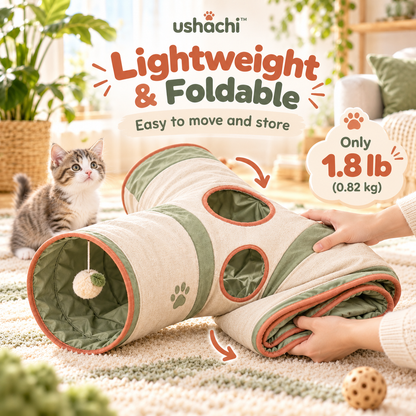ushachi™ Cozy Canyon Cat Play Tunnel – Foldable Crinkle Tunnel with Peekaboo Windows & Hanging Plush Toy