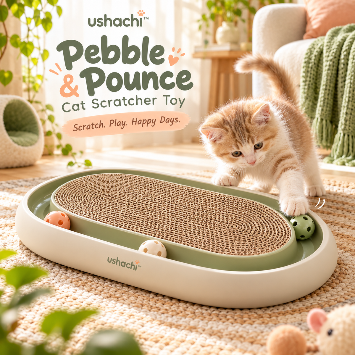 ushachi™ Pebble & Pounce Cat Scratcher Toy – Modern Oval Corrugated Cardboard Scratching Pad with Built-In Rolling Ball Track