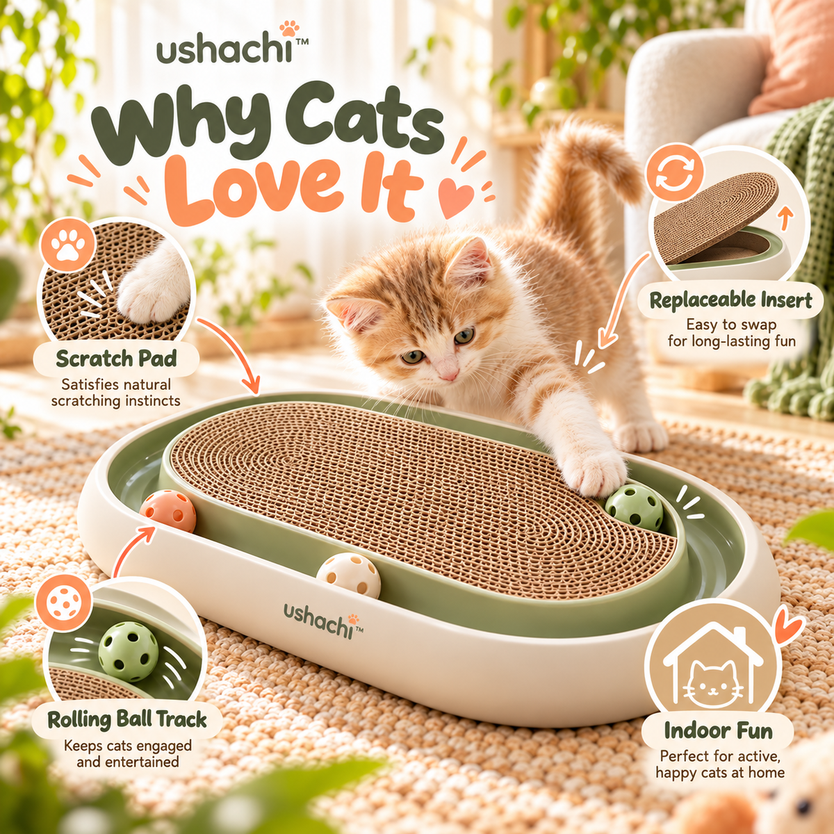 ushachi™ Pebble & Pounce Cat Scratcher Toy – Modern Oval Corrugated Cardboard Scratching Pad with Built-In Rolling Ball Track