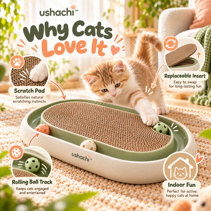 ushachi™ Pebble & Pounce Cat Scratcher Toy – Modern Oval Corrugated Cardboard Scratching Pad with Built-In Rolling Ball Track