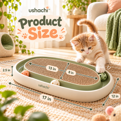 ushachi™ Pebble & Pounce Cat Scratcher Toy – Modern Oval Corrugated Cardboard Scratching Pad with Built-In Rolling Ball Track