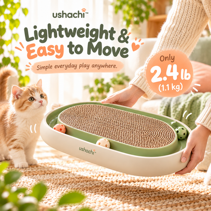 ushachi™ Pebble & Pounce Cat Scratcher Toy – Modern Oval Corrugated Cardboard Scratching Pad with Built-In Rolling Ball Track