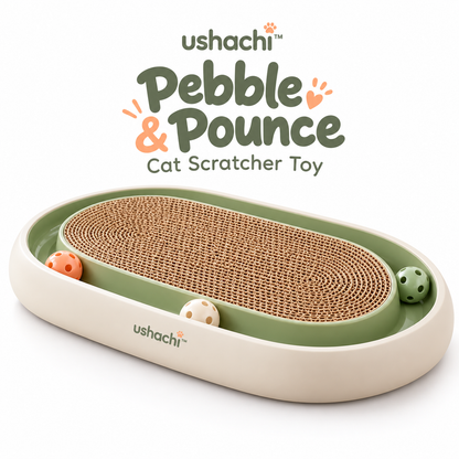 ushachi™ Pebble & Pounce Cat Scratcher Toy – Modern Oval Corrugated Cardboard Scratching Pad with Built-In Rolling Ball Track