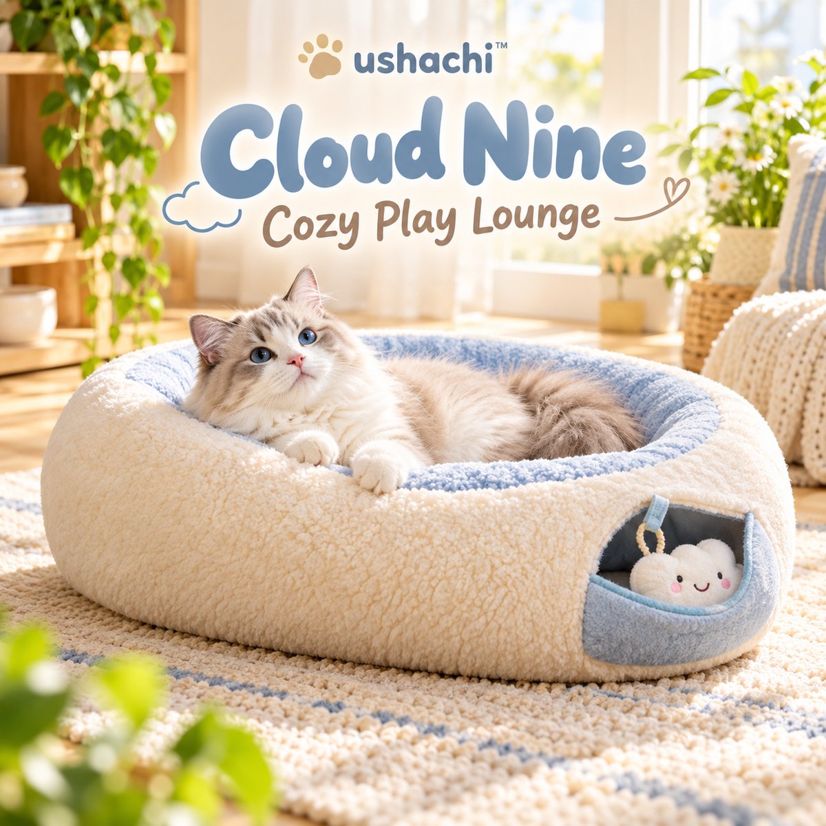 ushachi™ Cloud Nine Cat Play Lounge – Soft Donut-Shaped Plush Hideaway with Detachable Crinkle Toy & Interactive Peekaboo Pocket