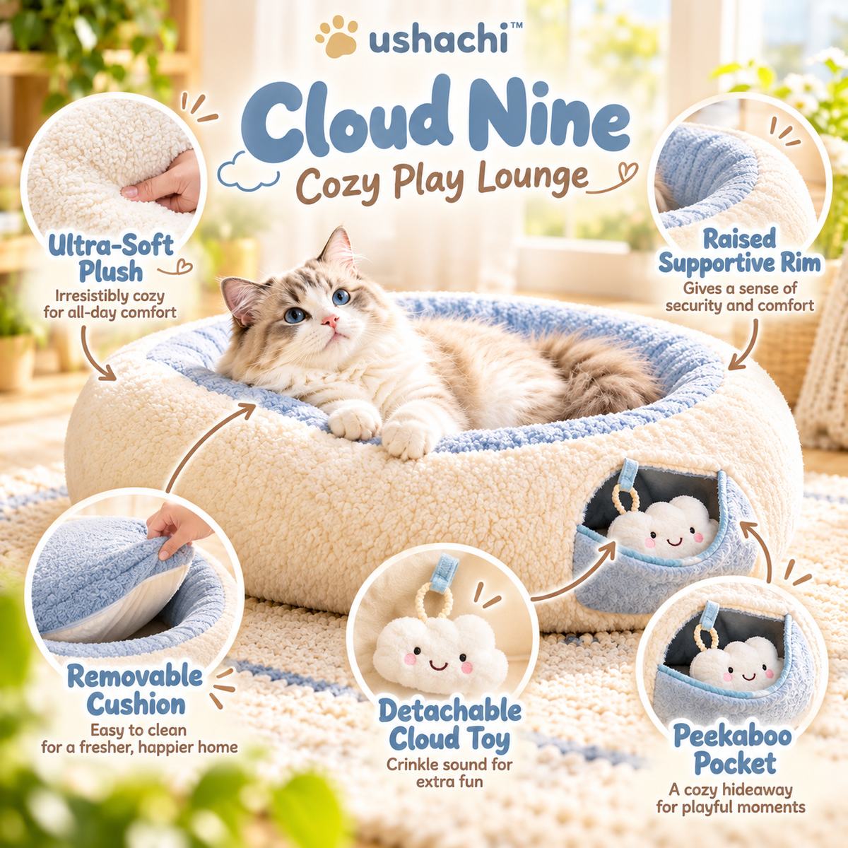 ushachi™ Cloud Nine Cat Play Lounge – Soft Donut-Shaped Plush Hideaway with Detachable Crinkle Toy & Interactive Peekaboo Pocket