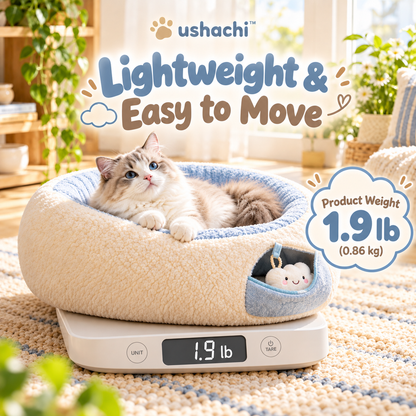 ushachi™ Cloud Nine Cat Play Lounge – Soft Donut-Shaped Plush Hideaway with Detachable Crinkle Toy & Interactive Peekaboo Pocket