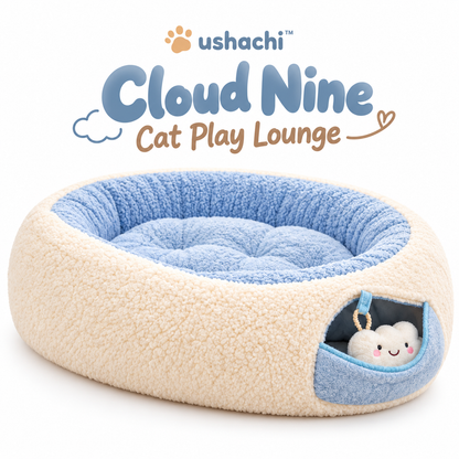ushachi™ Cloud Nine Cat Play Lounge – Soft Donut-Shaped Plush Hideaway with Detachable Crinkle Toy & Interactive Peekaboo Pocket
