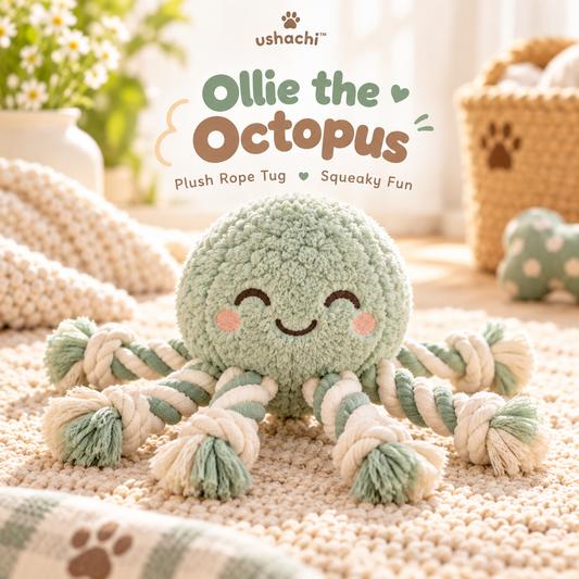 ushachi™ Ollie the Octopus Rope Tug Dog Toy – Squeaky Plush Octopus with Braided Cotton Tentacles