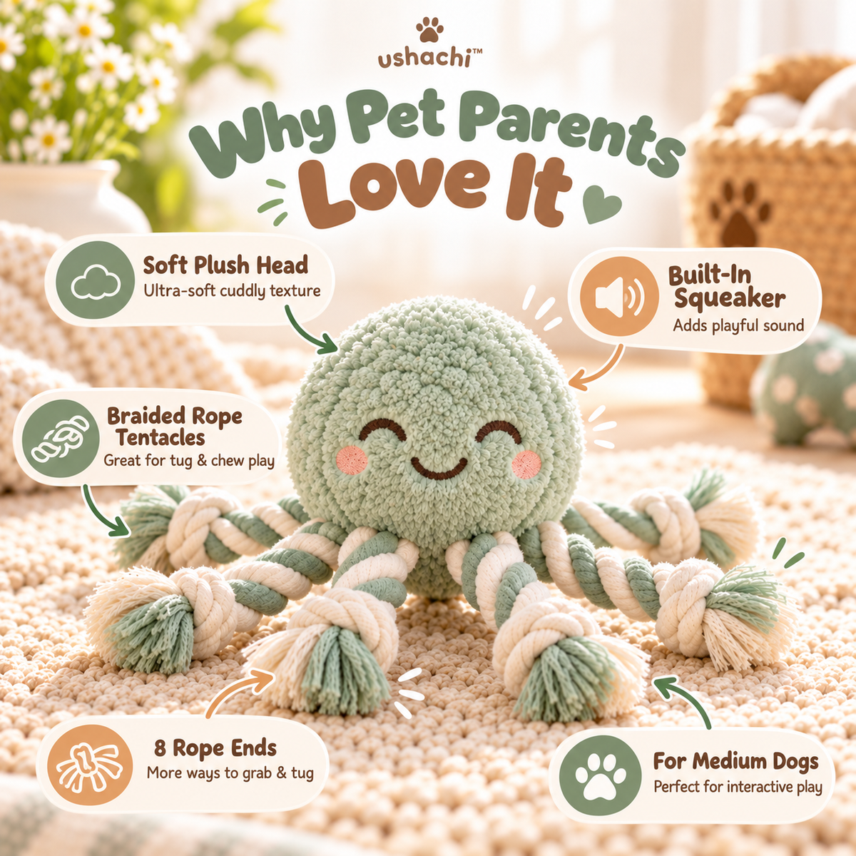 ushachi™ Ollie the Octopus Rope Tug Dog Toy – Squeaky Plush Octopus with Braided Cotton Tentacles