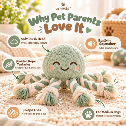 ushachi™ Ollie the Octopus Rope Tug Dog Toy – Squeaky Plush Octopus with Braided Cotton Tentacles