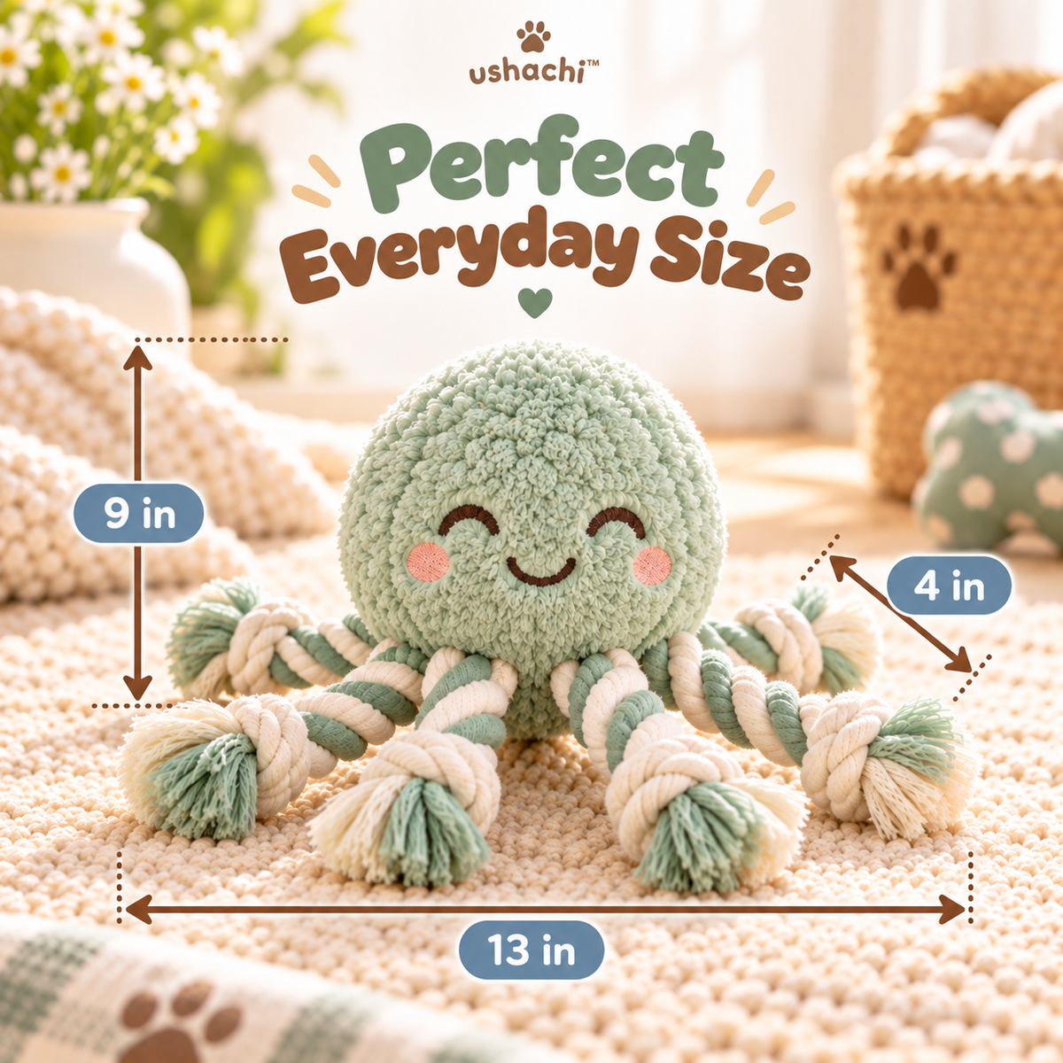 ushachi™ Ollie the Octopus Rope Tug Dog Toy – Squeaky Plush Octopus with Braided Cotton Tentacles