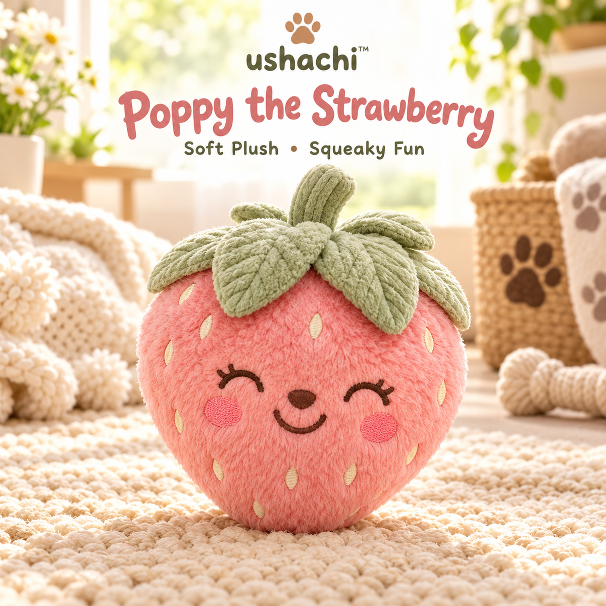 ushachi™ Poppy the Strawberry Squeaky Dog Toy – Cute Strawberry Plush with Textured Leaf Top & Crinkle Details