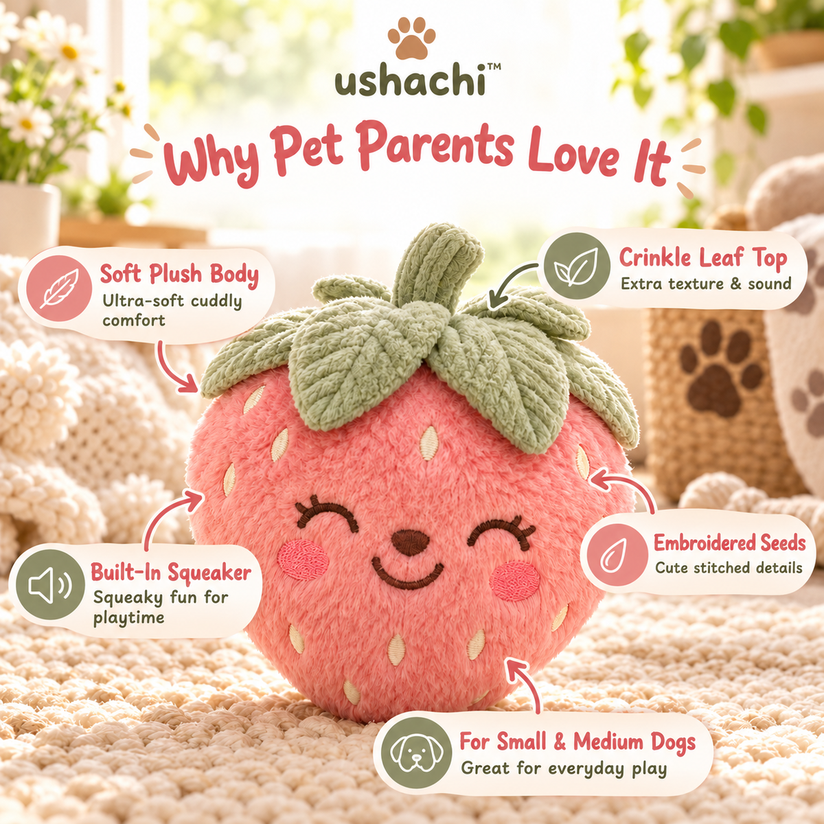 ushachi™ Poppy the Strawberry Squeaky Dog Toy – Cute Strawberry Plush with Textured Leaf Top & Crinkle Details