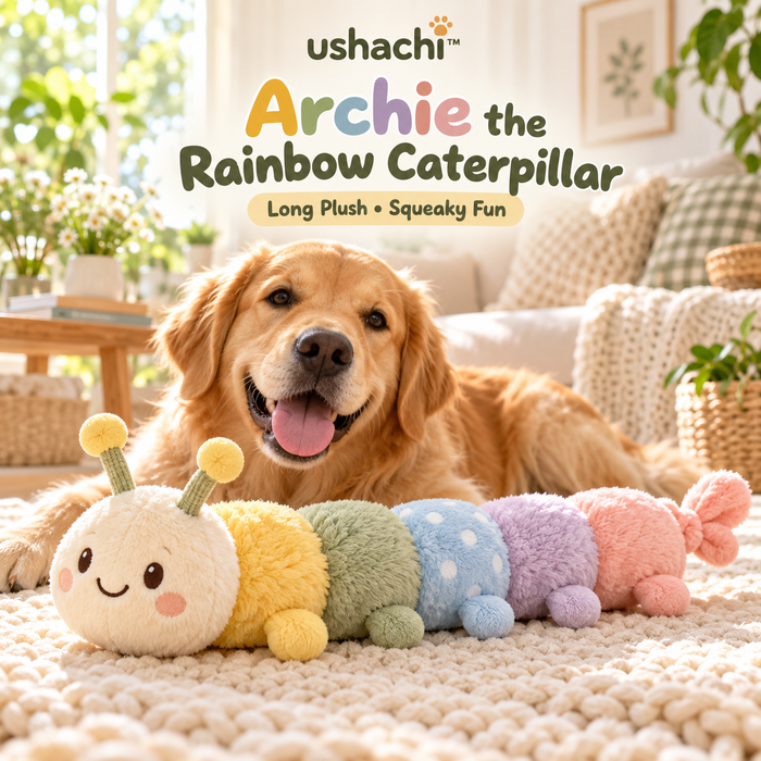 ushachi™ Archie the Rainbow Caterpillar Dog Toy – Long Plush Squeaky Tug & Fetch Toy with Crinkle Body