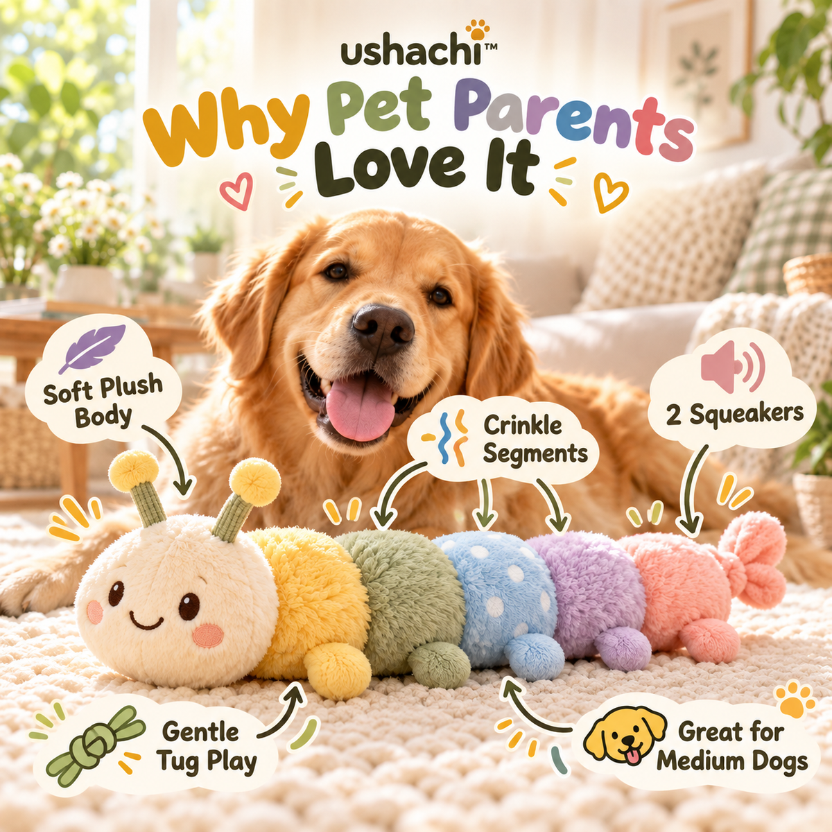 ushachi™ Archie the Rainbow Caterpillar Dog Toy – Long Plush Squeaky Tug & Fetch Toy with Crinkle Body