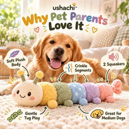 ushachi™ Archie the Rainbow Caterpillar Dog Toy – Long Plush Squeaky Tug & Fetch Toy with Crinkle Body