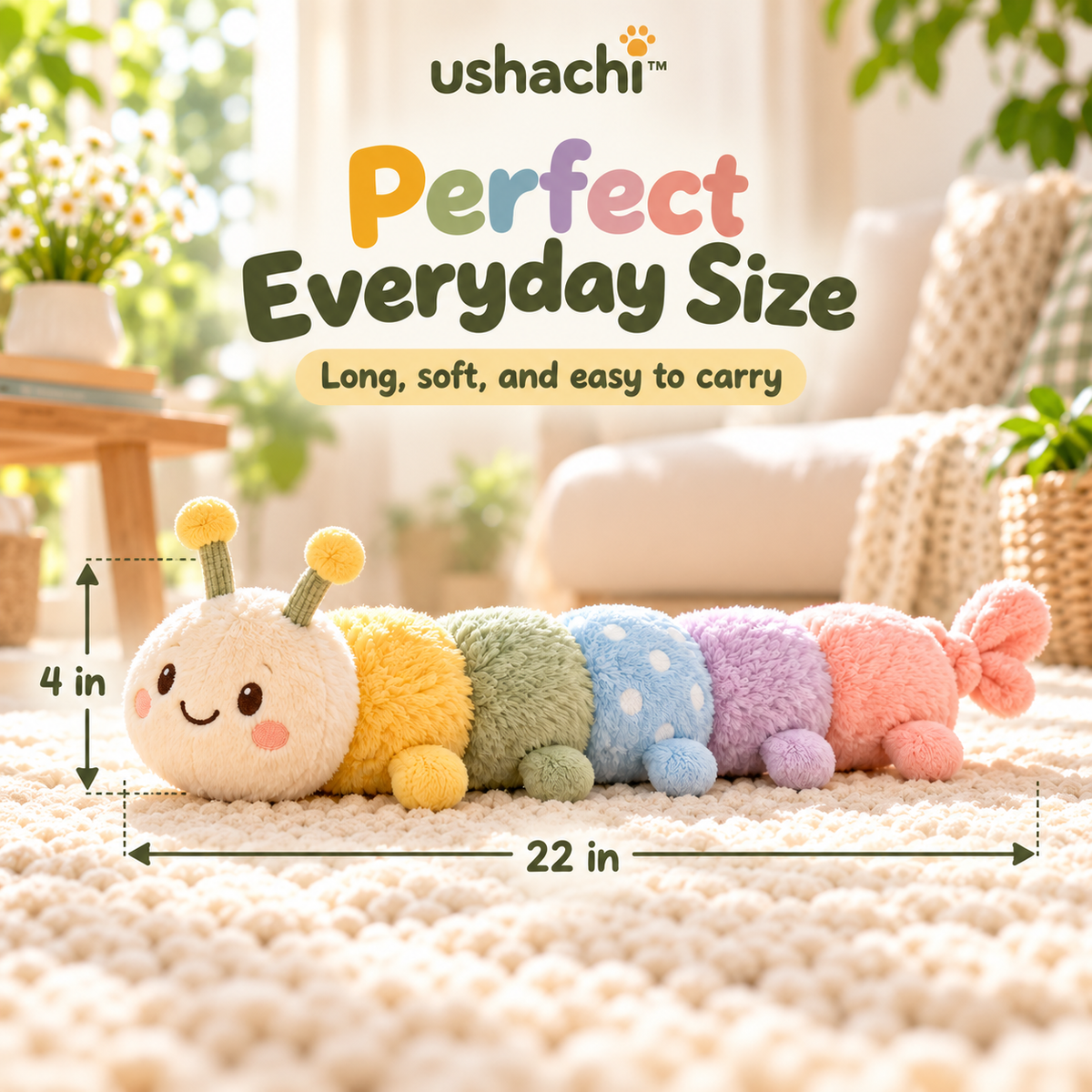 ushachi™ Archie the Rainbow Caterpillar Dog Toy – Long Plush Squeaky Tug & Fetch Toy with Crinkle Body