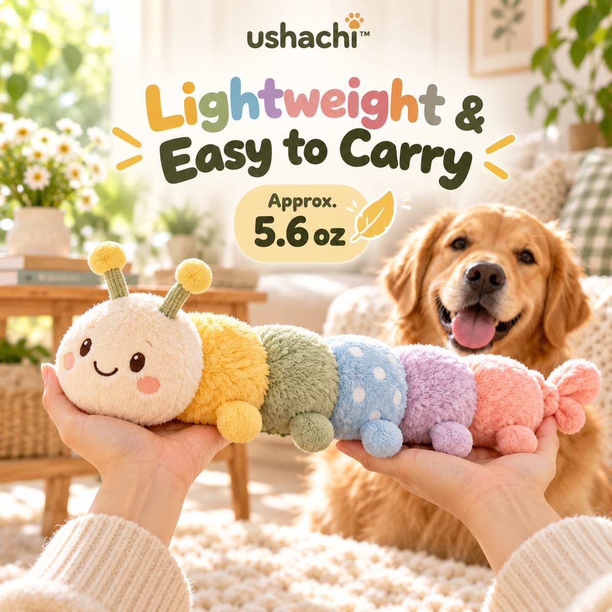 ushachi™ Archie the Rainbow Caterpillar Dog Toy – Long Plush Squeaky Tug & Fetch Toy with Crinkle Body