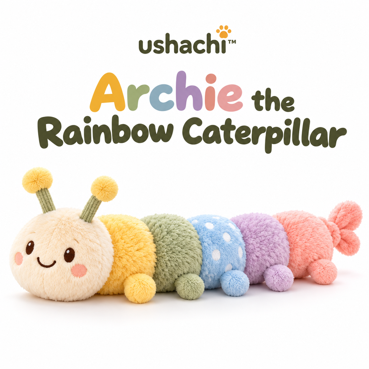 ushachi™ Archie the Rainbow Caterpillar Dog Toy – Long Plush Squeaky Tug & Fetch Toy with Crinkle Body