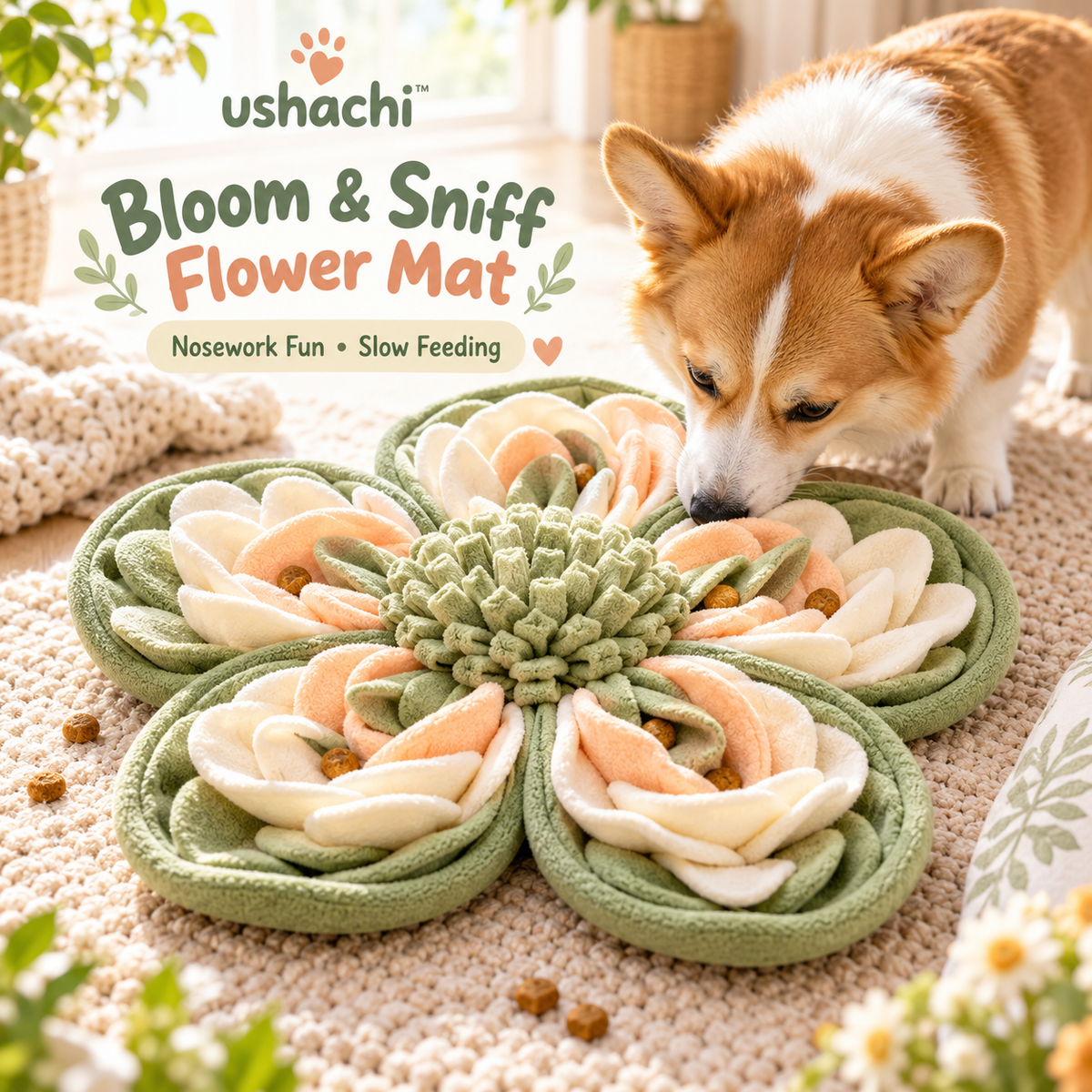 ushachi™ Bloom & Sniff Flower Snuffle Mat for Dogs – Interactive Nosework Feeding Mat with Hidden Treat Pockets