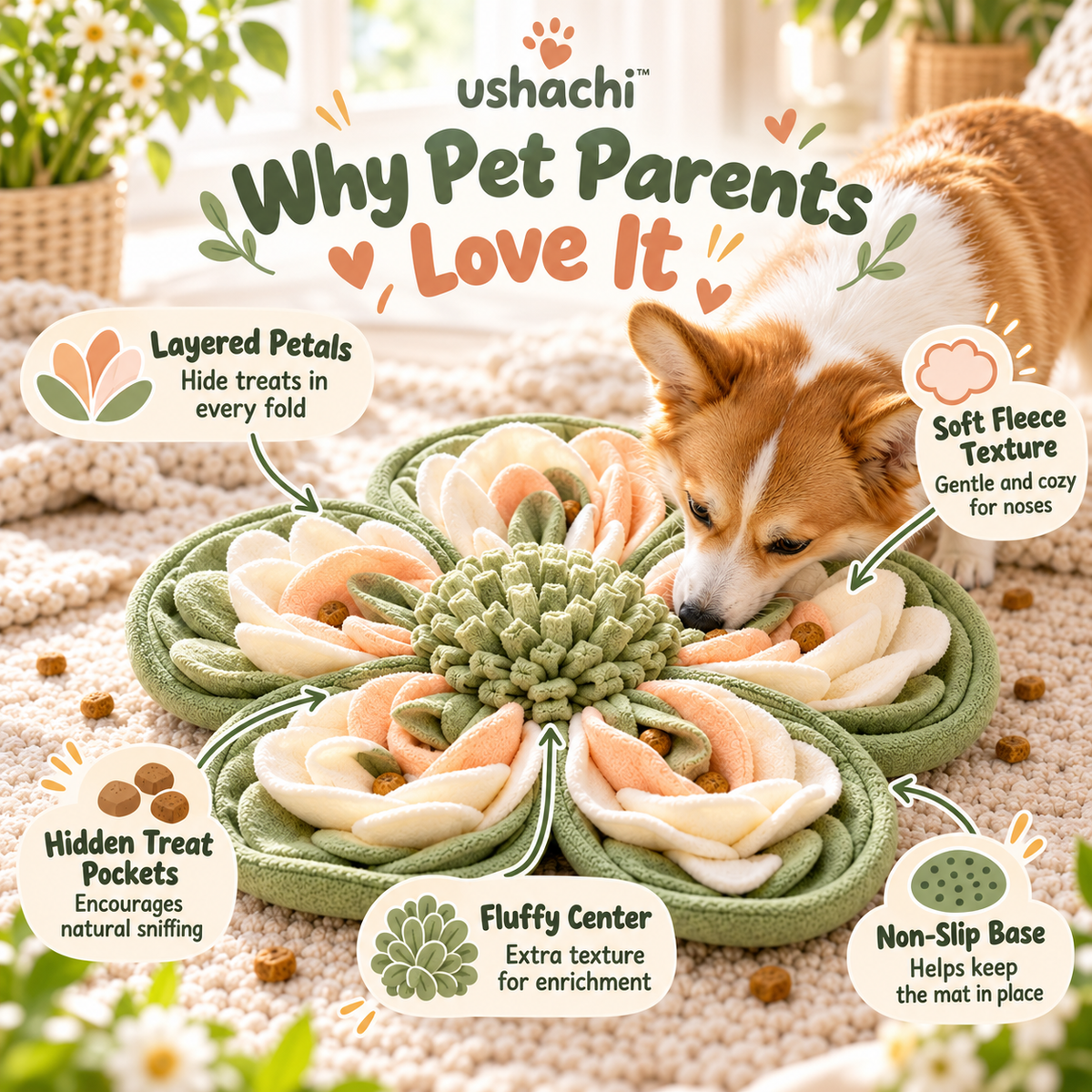 ushachi™ Bloom & Sniff Flower Snuffle Mat for Dogs – Interactive Nosework Feeding Mat with Hidden Treat Pockets