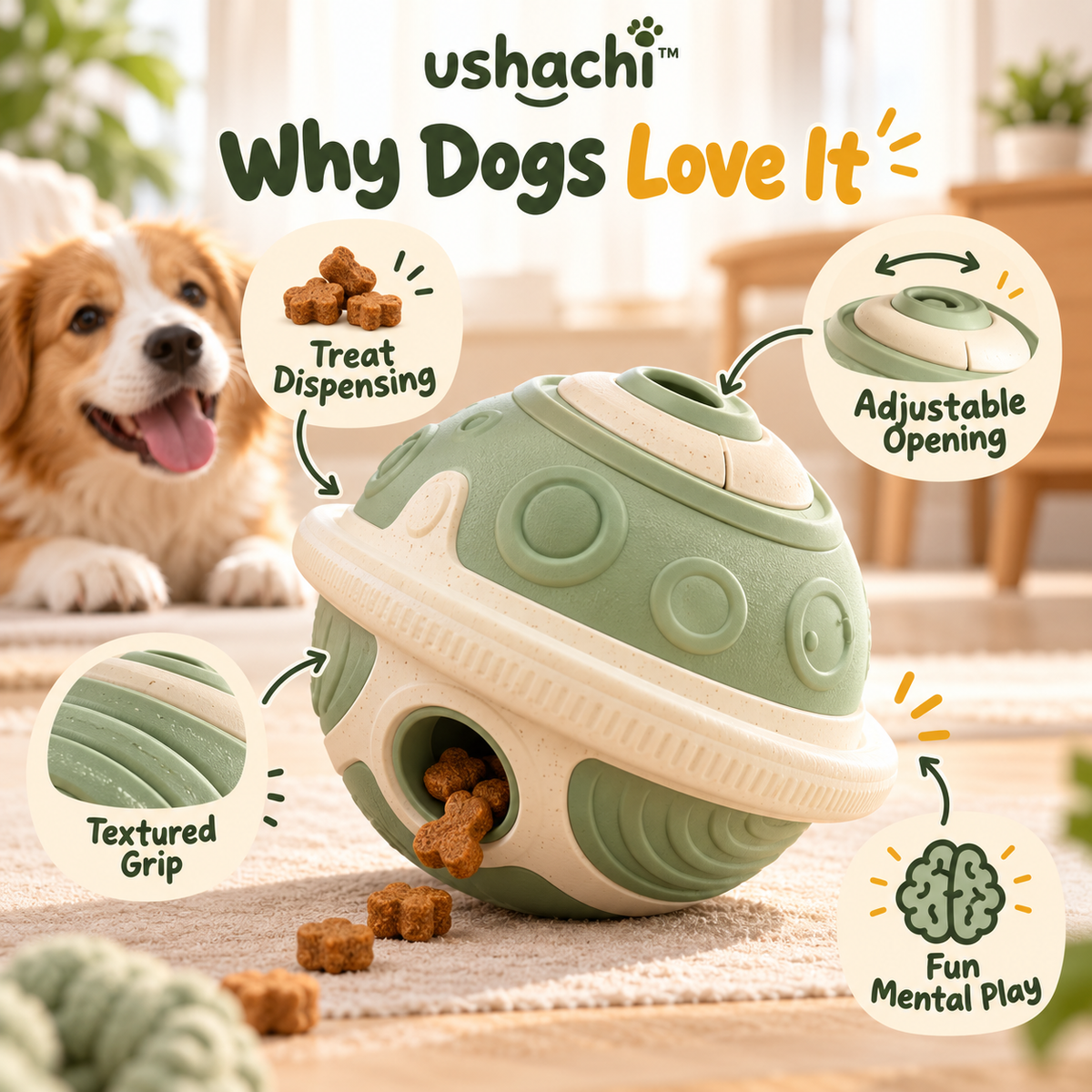 ushachi™ Orbit Treat-Dispensing Dog Ball – Interactive Rolling Puzzle Toy with Adjustable Snack Opening