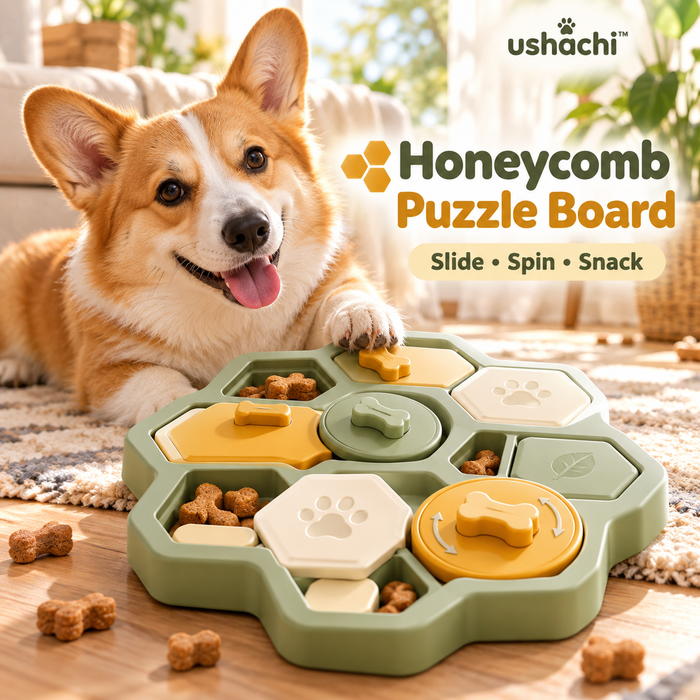 ushachi™ Honeycomb Interactive Dog Puzzle Toy – Sliding Treat Hide-and-Seek Board with Rotating Compartments