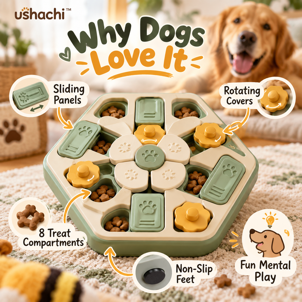 ushachi™ Honeycomb Interactive Dog Puzzle Toy – Sliding Treat Hide-and-Seek Board with Rotating Compartments