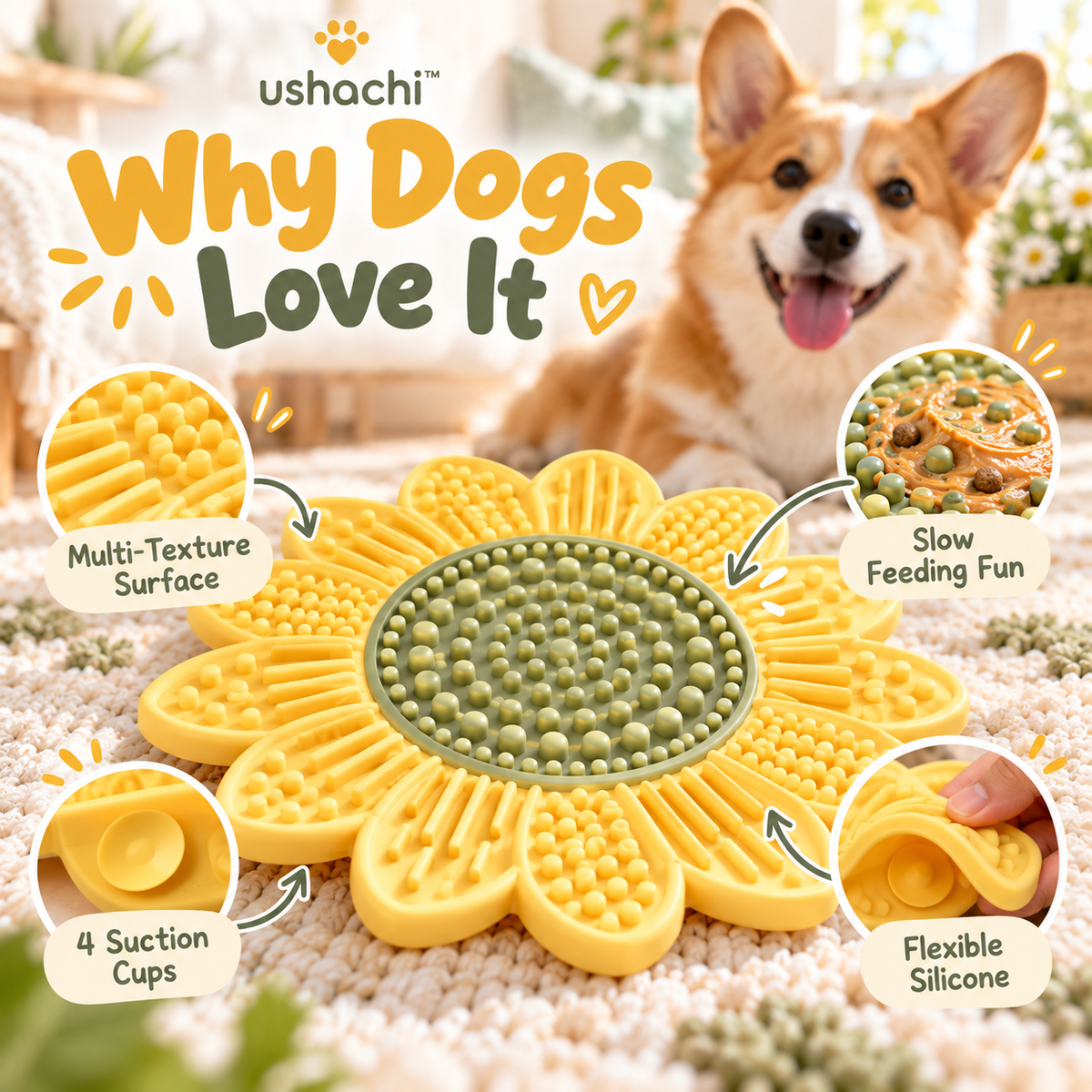 ushachi™ Sunny Side Silicone Lick Mat for Dogs – Sunflower-Shaped Slow Feeding & Enrichment Pad with Suction Cups