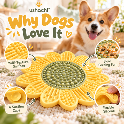 ushachi™ Sunny Side Silicone Lick Mat for Dogs – Sunflower-Shaped Slow Feeding & Enrichment Pad with Suction Cups